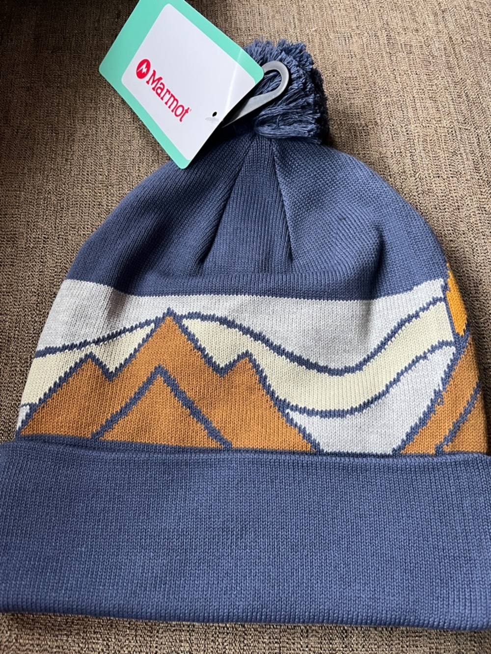 Marmot Navy Pom Knit Beanie with Yellow & Cream Mountain Design - Picture 3 of 6
